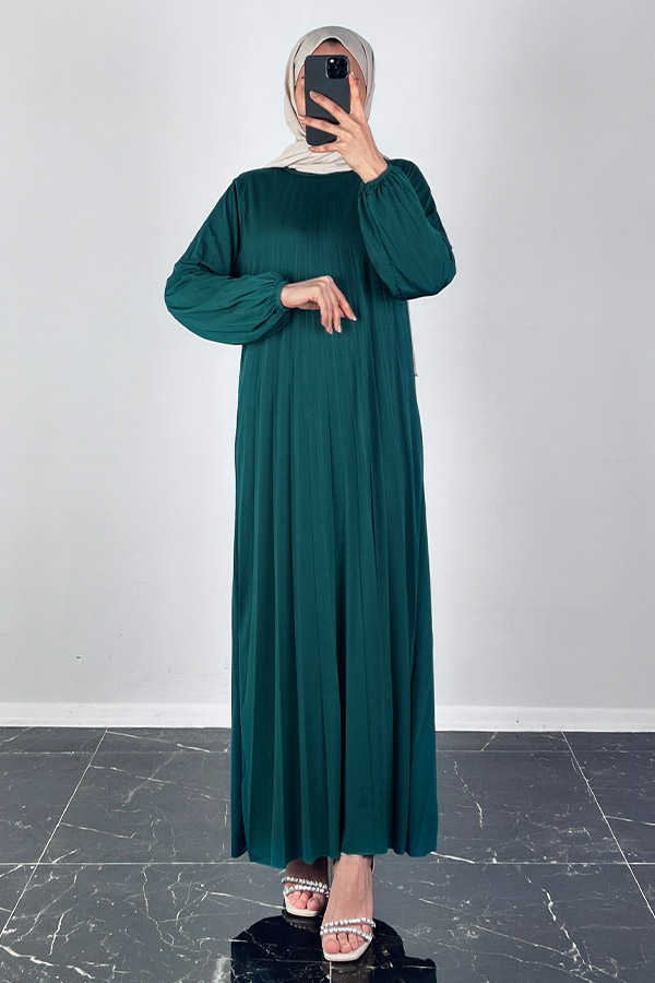 Piliseli Tesettür Elbise - Petrol Mavisi Piliseli Tesettür Elbise - Petrol Mavisi