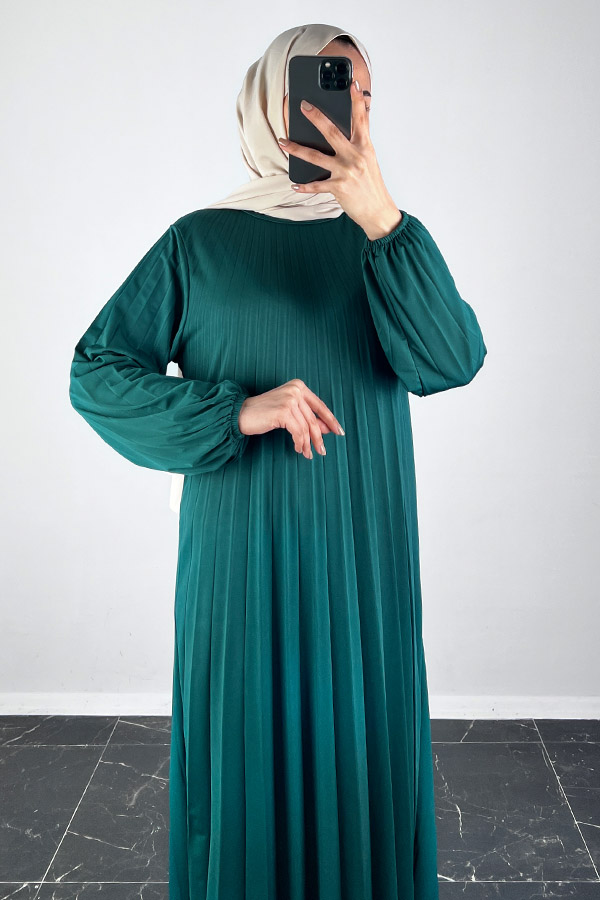Piliseli Tesettür Elbise - Petrol Mavisi Piliseli Tesettür Elbise - Petrol Mavisi