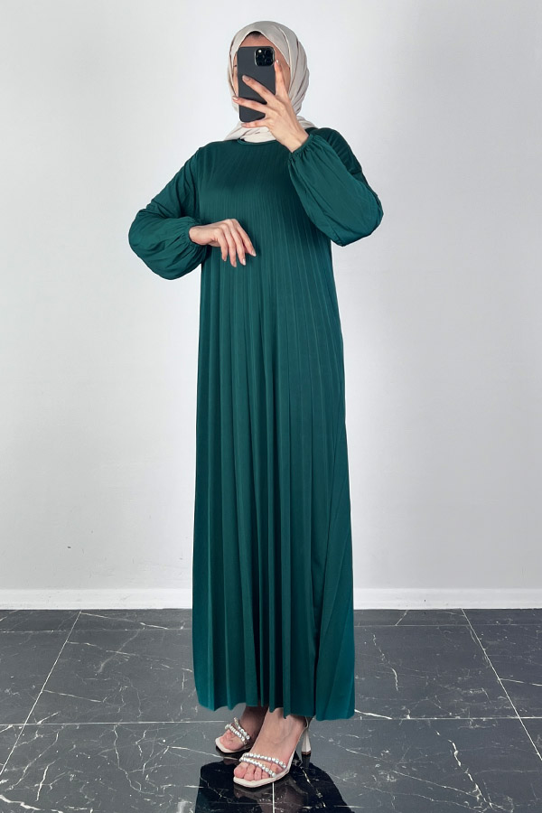 Piliseli Tesettür Elbise - Petrol Mavisi Piliseli Tesettür Elbise - Petrol Mavisi