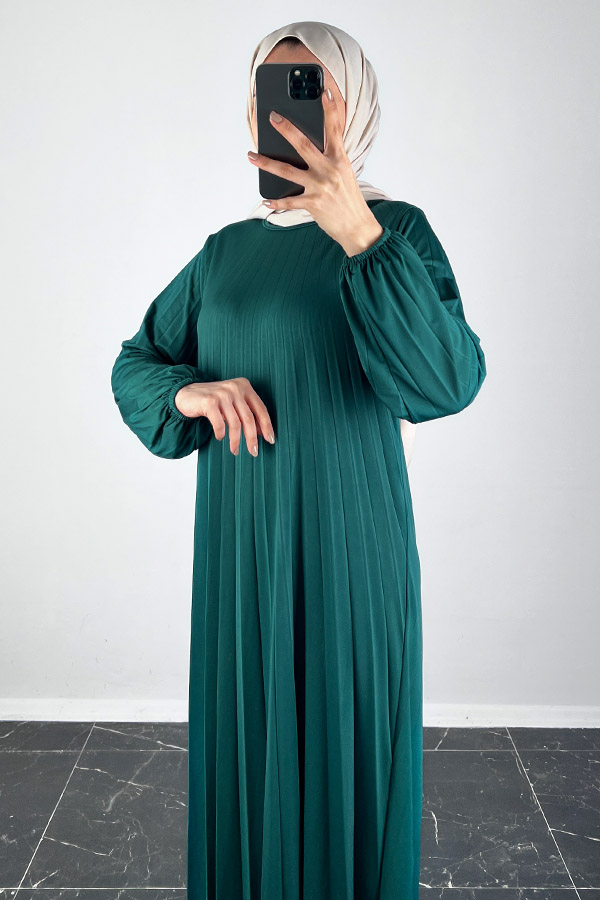 Piliseli Tesettür Elbise - Petrol Mavisi Piliseli Tesettür Elbise - Petrol Mavisi