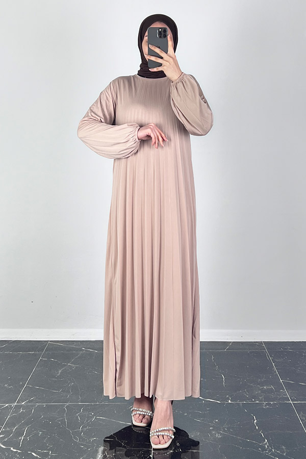 Piliseli Tesettür Elbise - Taş Piliseli Tesettür Elbise - Taş