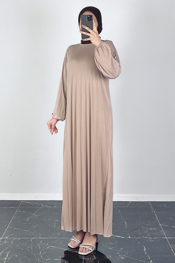 Piliseli Tesettür Elbise - Taş Piliseli Tesettür Elbise - Taş