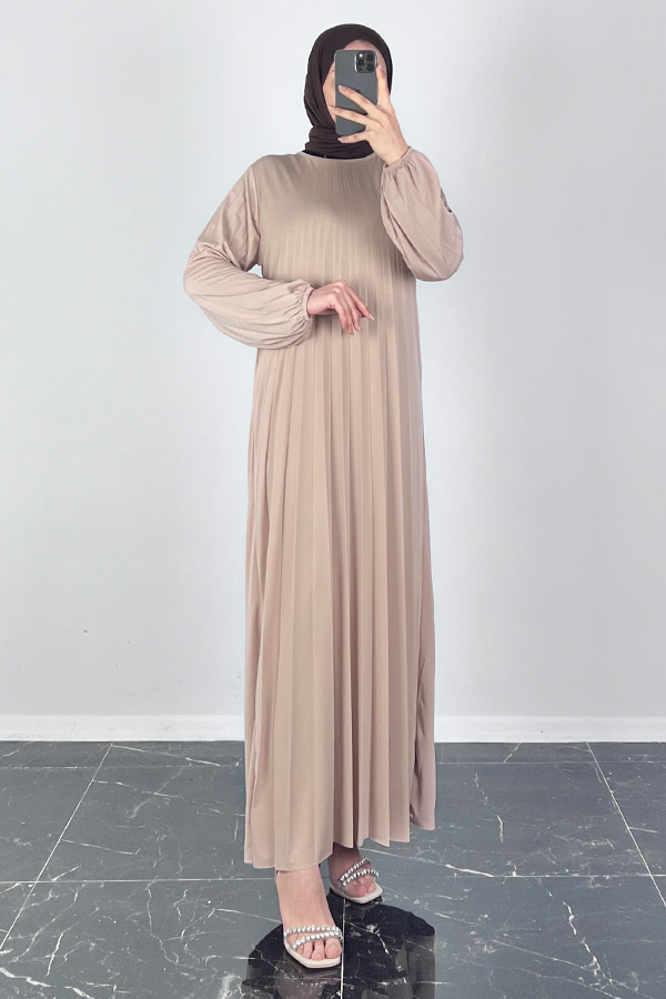 Piliseli Tesettür Elbise - Taş Piliseli Tesettür Elbise - Taş