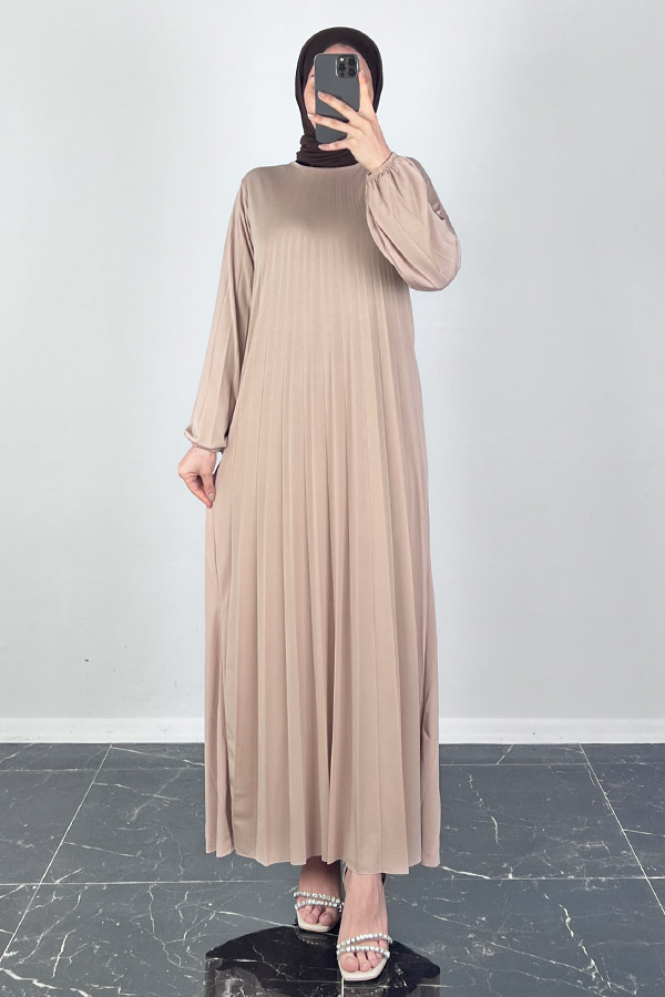 Piliseli Tesettür Elbise - Taş Piliseli Tesettür Elbise - Taş