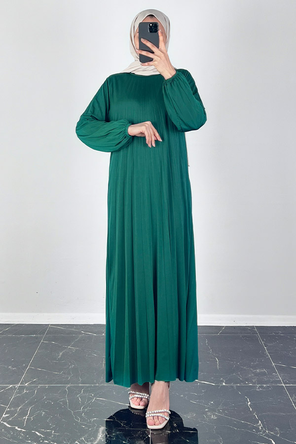 Piliseli Tesettür Elbise - Zümrüt Yeşili