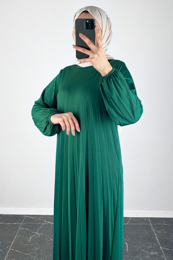 Piliseli Tesettür Elbise - Zümrüt Yeşili