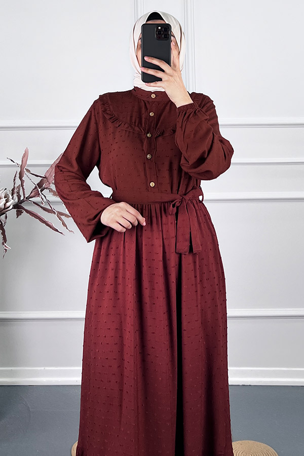 Ponpon Viskon Elbise - Kahverengi