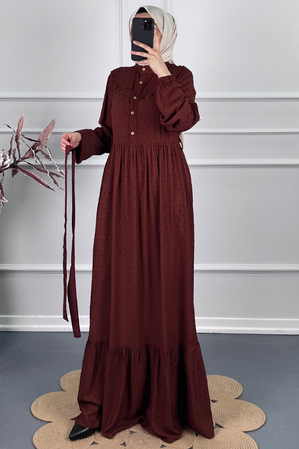 Ponpon Viskon Elbise - Kahverengi