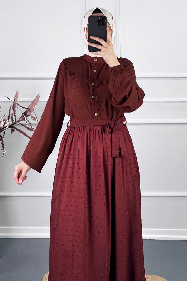 Ponpon Viskon Elbise - Kahverengi