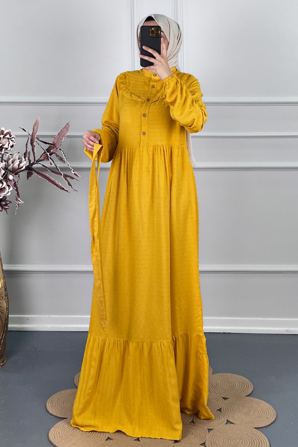 Ponpon Viskon Elbise - Sarı