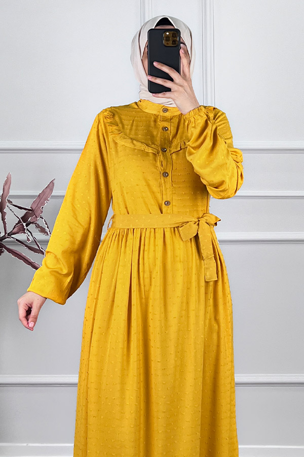 Ponpon Viskon Elbise - Sarı