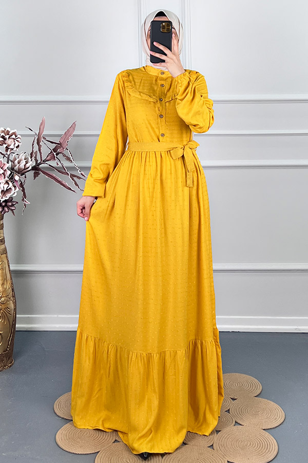 Ponpon Viskon Elbise - Sarı