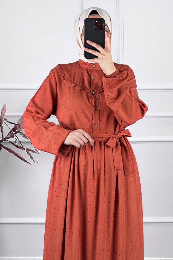 Ponpon Viskon Elbise - Turuncu