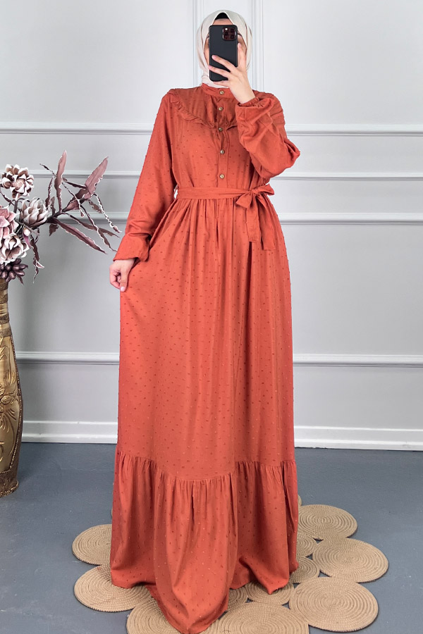 Ponpon Viskon Elbise - Turuncu