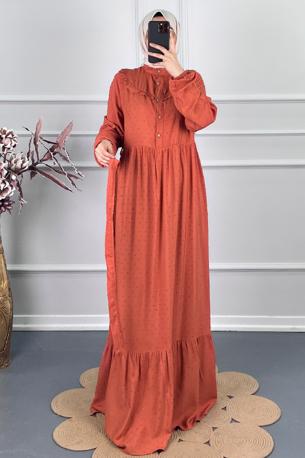 Ponpon Viskon Elbise - Turuncu