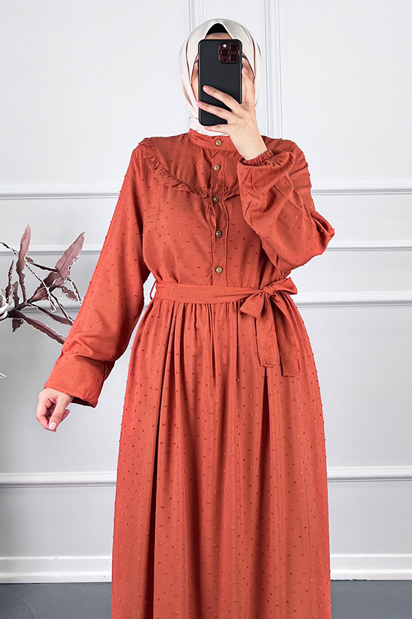 Ponpon Viskon Elbise - Turuncu