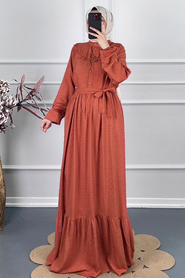 Ponpon Viskon Elbise - Turuncu