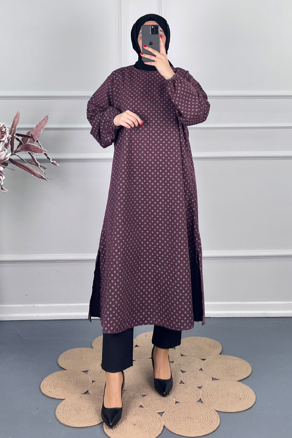 Puantiyeli Uzun Tunik - Mürdüm