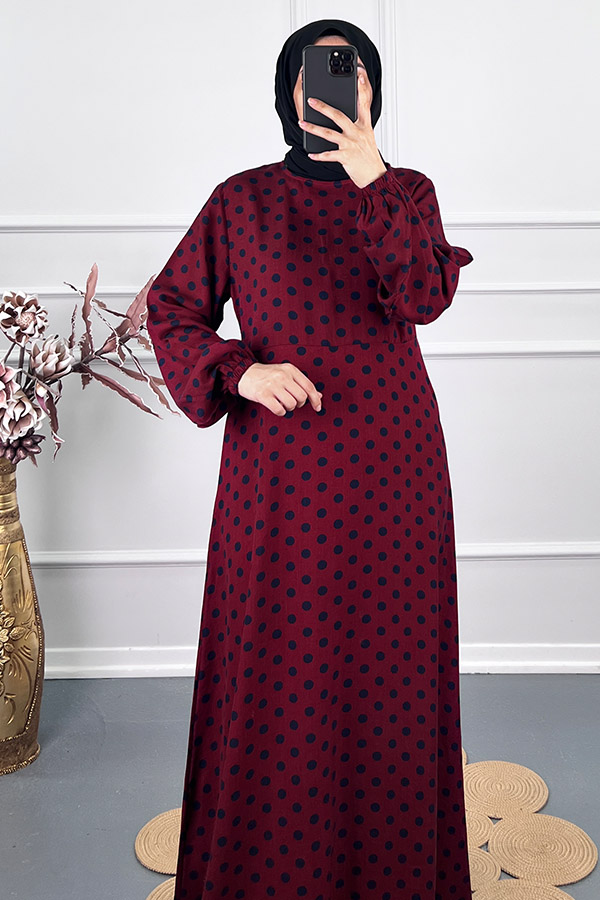 Puantiyeli Viskon Elbise - Bordo