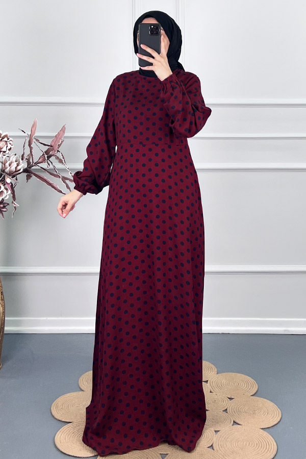 Puantiyeli Viskon Elbise - Bordo