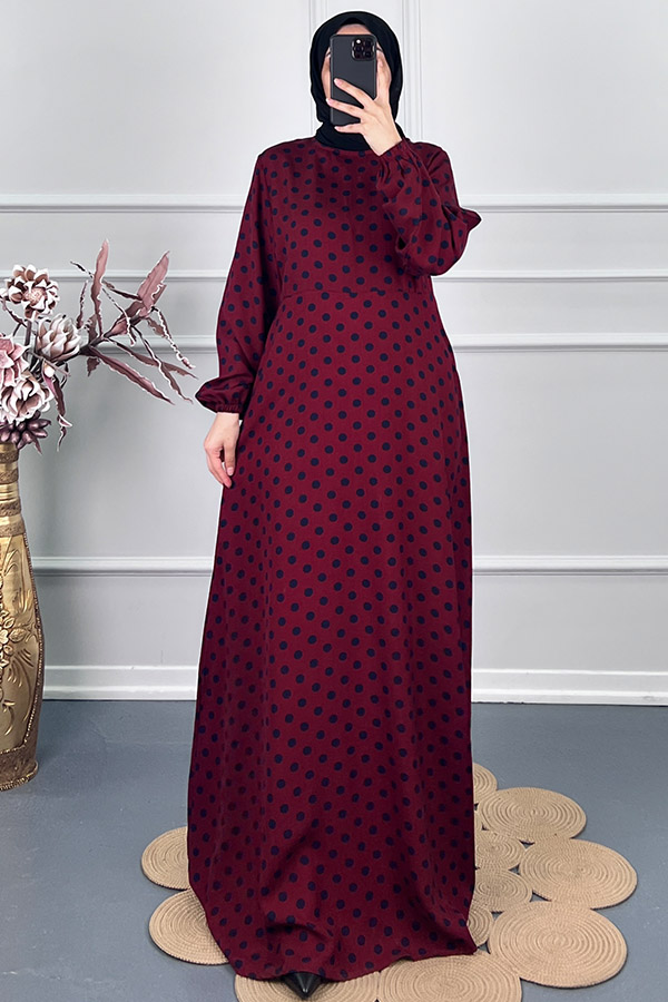 Puantiyeli Viskon Elbise - Bordo