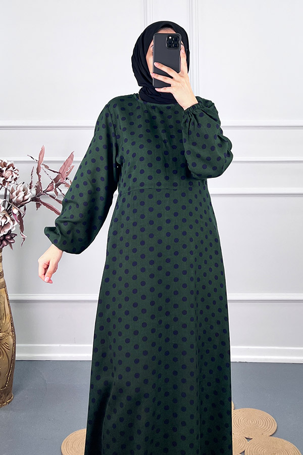 Puantiyeli Viskon Elbise - Yeşil