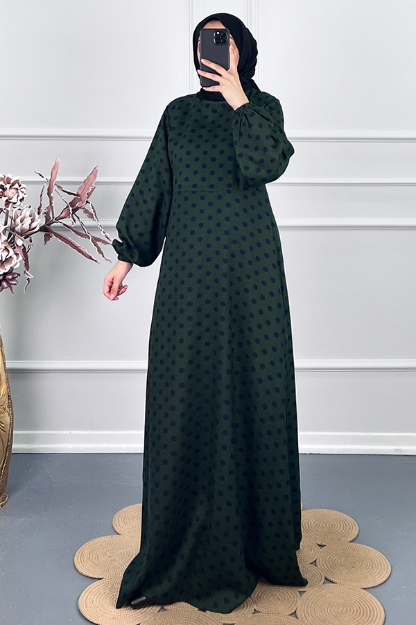 Puantiyeli Viskon Elbise - Yeşil