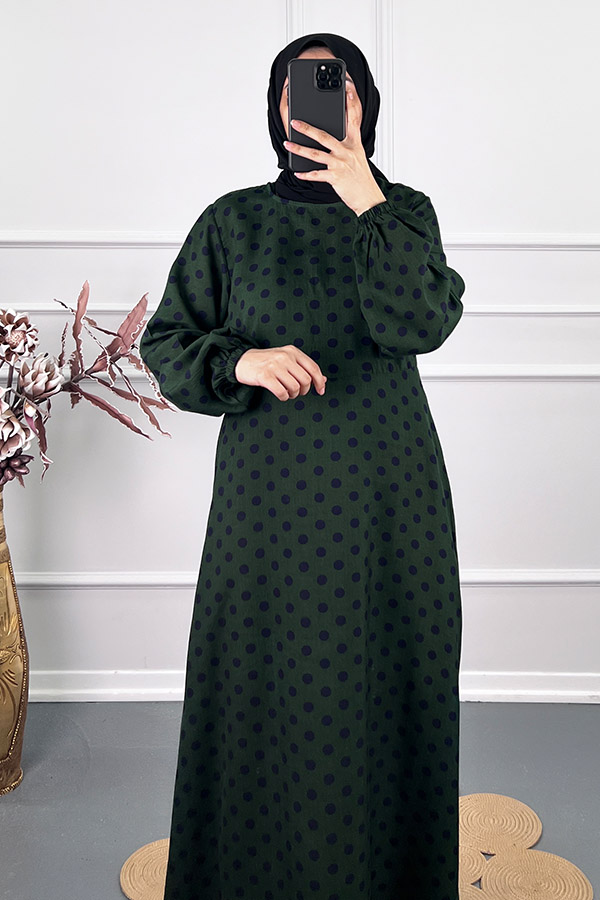 Puantiyeli Viskon Elbise - Yeşil