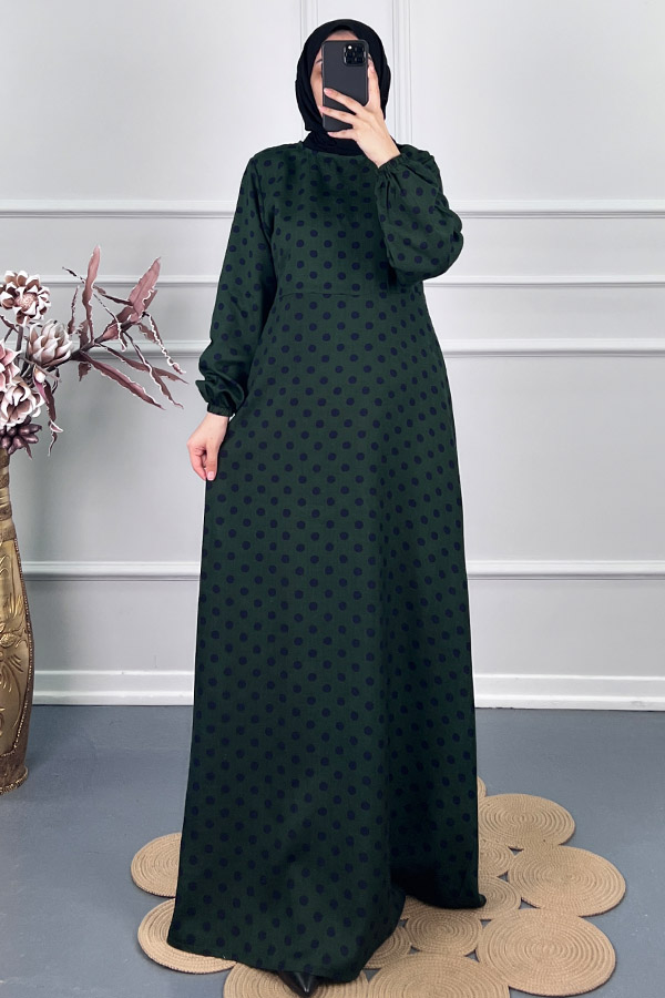 Puantiyeli Viskon Elbise - Yeşil
