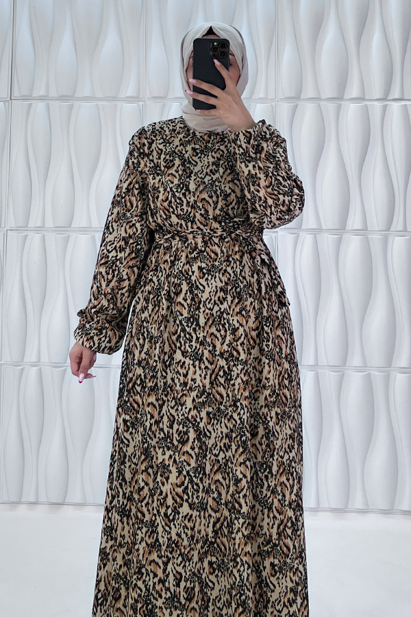 Retro Tesettür Elbise - Camel