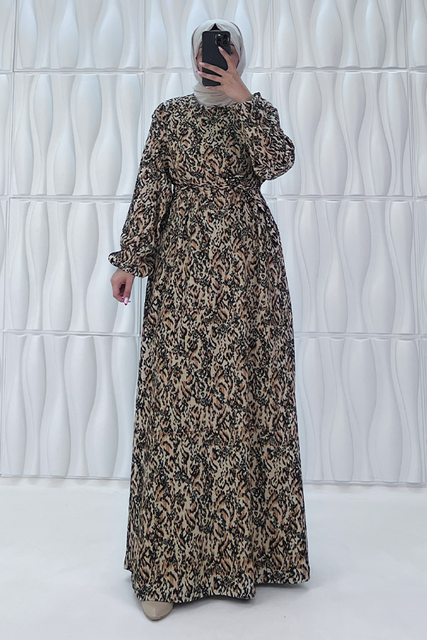 Retro Tesettür Elbise - Camel