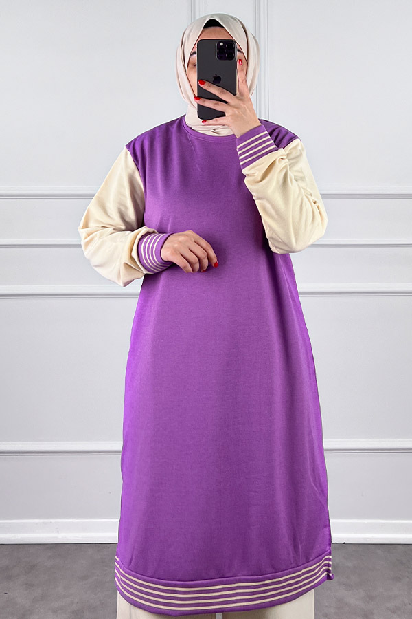 Ribanalı İki İplik Uzun Tunik - Lila