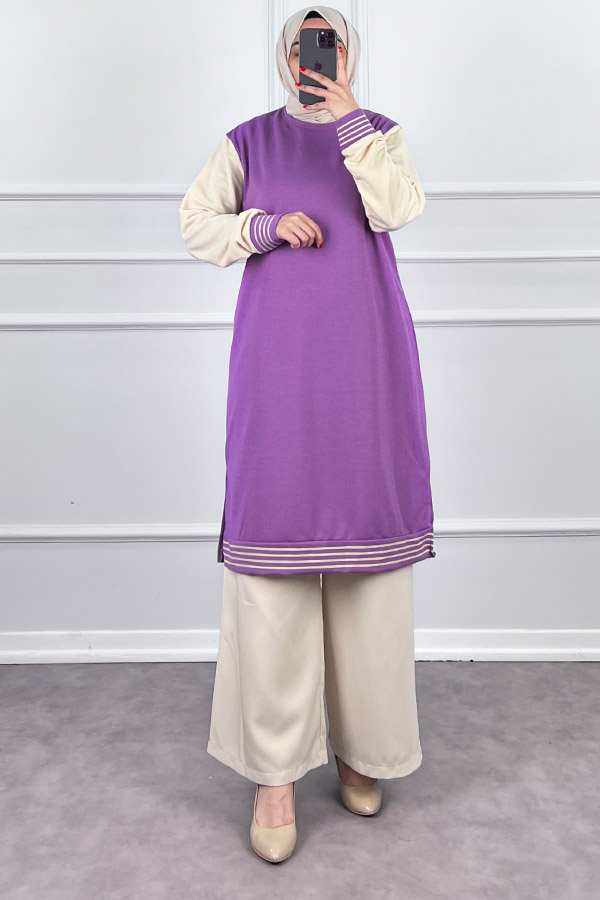 Ribanalı İki İplik Uzun Tunik - Lila