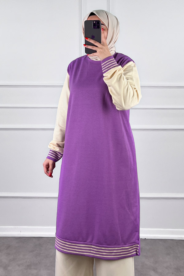 Ribanalı İki İplik Uzun Tunik - Lila