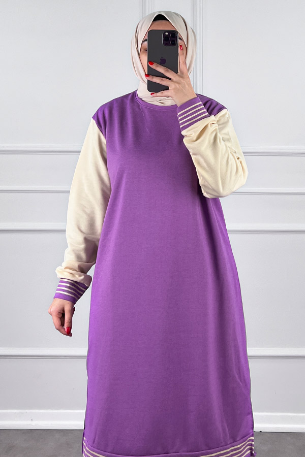 Ribanalı İki İplik Uzun Tunik - Lila