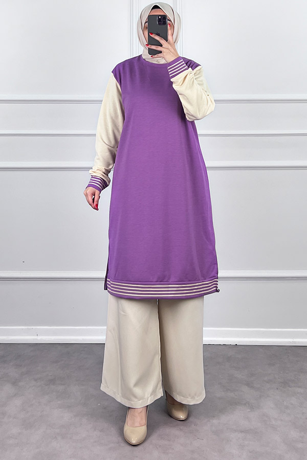 Ribanalı İki İplik Uzun Tunik - Lila