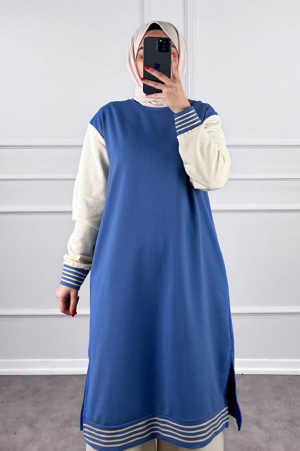 Ribanalı İki İplik Uzun Tunik - Mavi