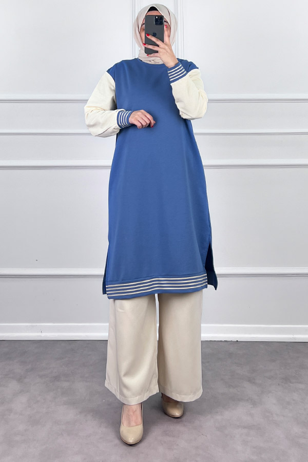 Ribanalı İki İplik Uzun Tunik - Mavi