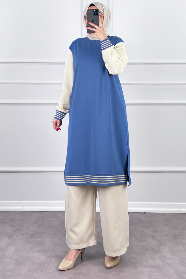 Ribanalı İki İplik Uzun Tunik - Mavi