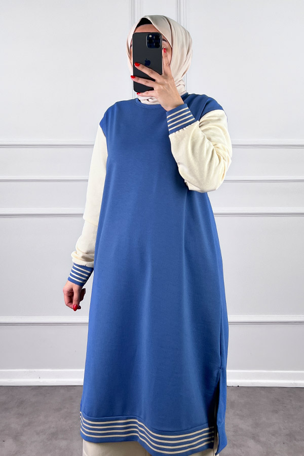 Ribanalı İki İplik Uzun Tunik - Mavi