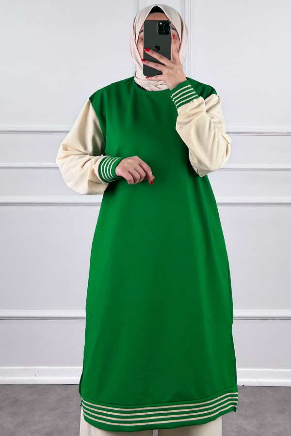 Ribanalı İki İplik Uzun Tunik - Yeşil