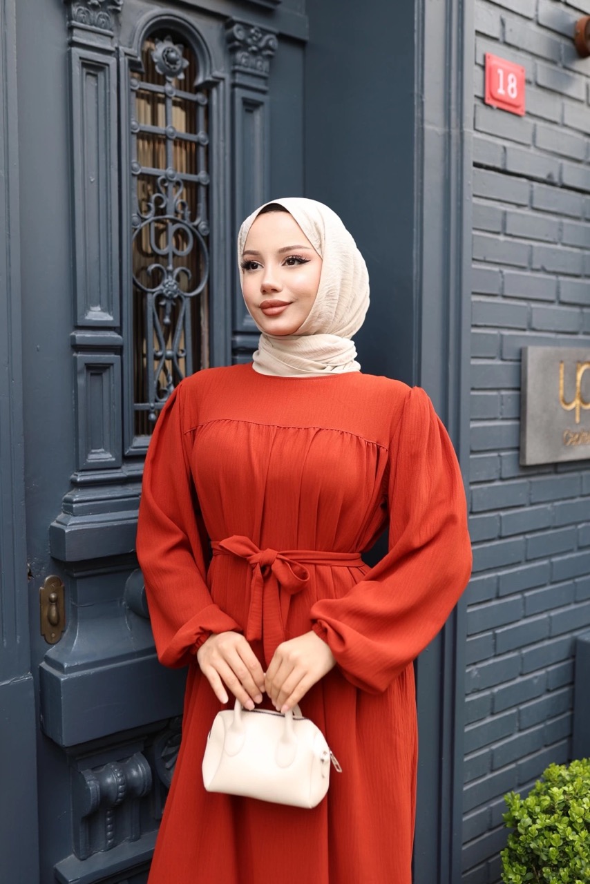 Robalı Ayrobin Elbise - Kiremit