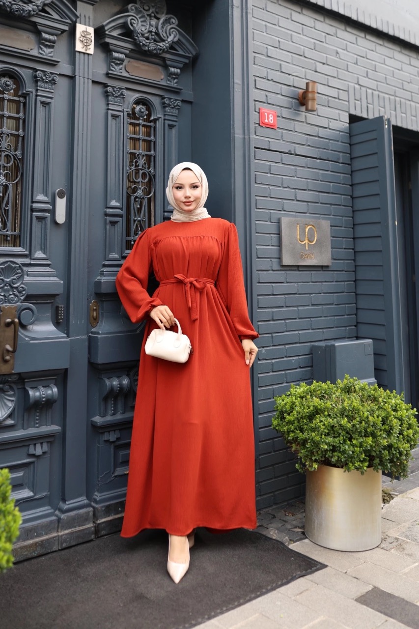Robalı Ayrobin Elbise - Kiremit