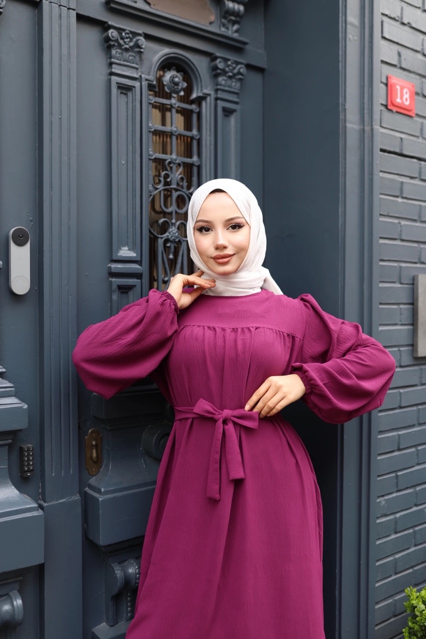 Robalı Ayrobin Elbise - Mürdüm