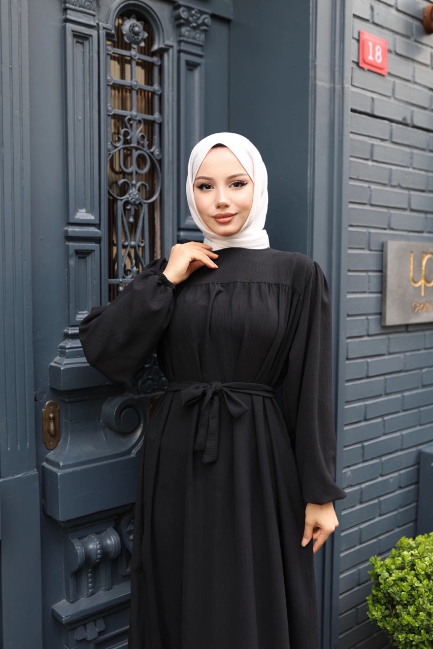 Robalı Ayrobin Elbise - Siyah