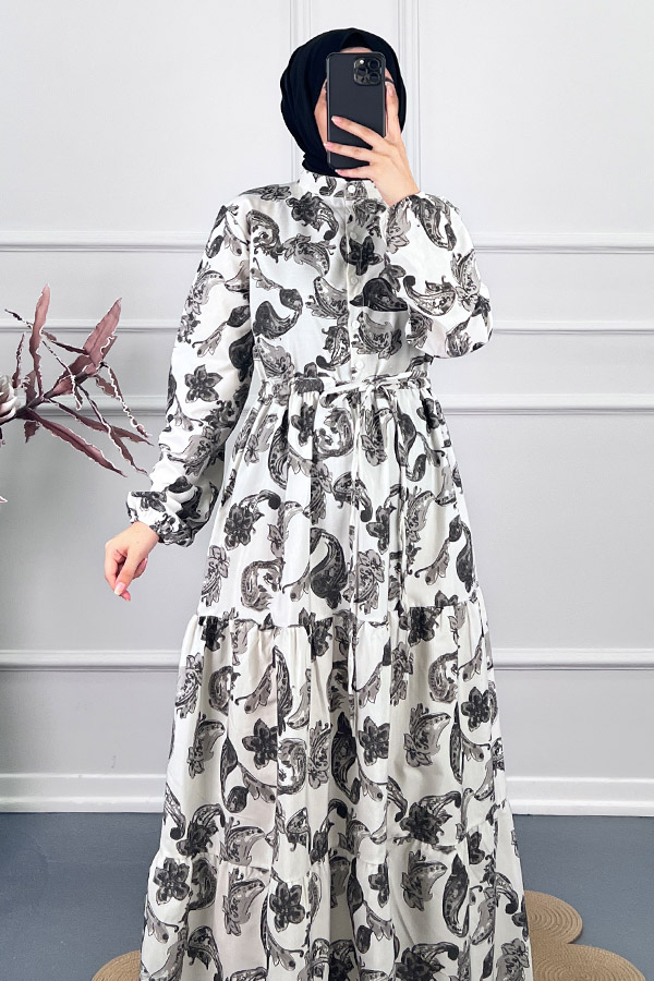 Şal Desenli Elbise - Siyah