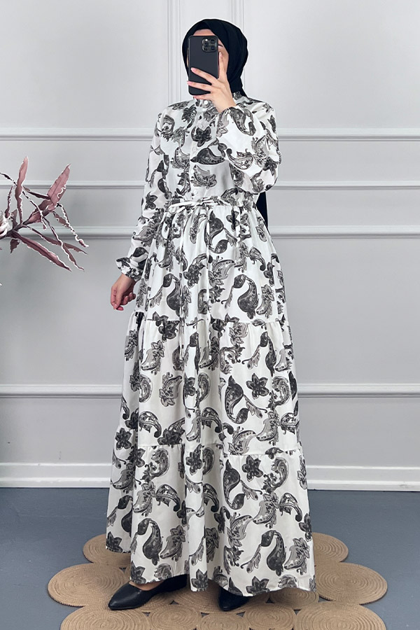 Şal Desenli Elbise - Siyah