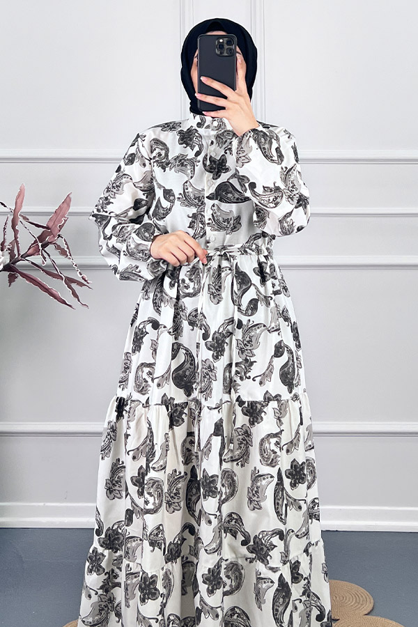 Şal Desenli Elbise - Siyah