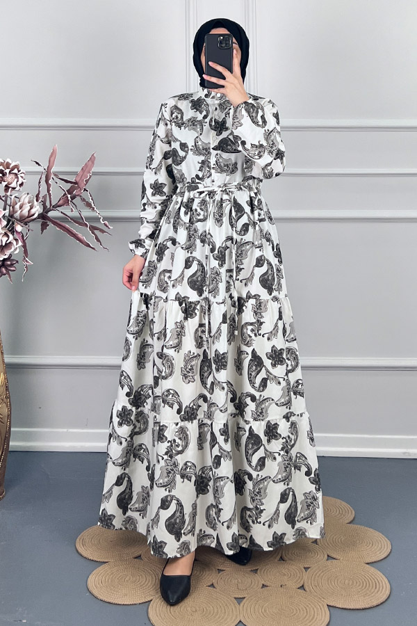 Şal Desenli Elbise - Siyah