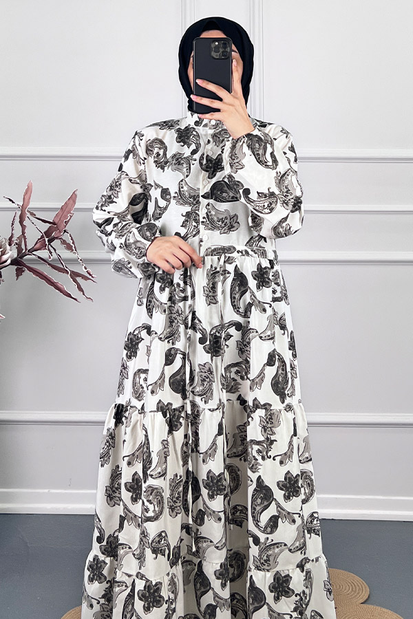 Şal Desenli Elbise - Siyah